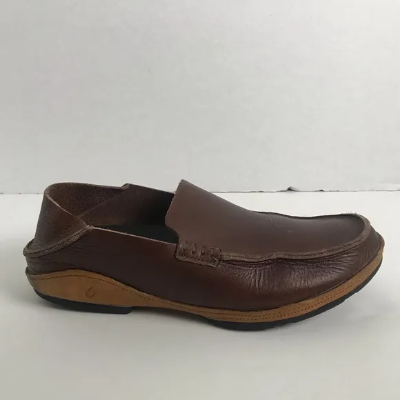 OluKai Ni’o Dark Wood Rum Brown Leather Slip On Drop Heel Loafer Shoes Men Sz 8
