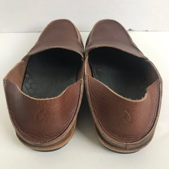 OluKai Ni’o Dark Wood Rum Brown Leather Slip On Drop Heel Loafer Shoes Men Sz 8