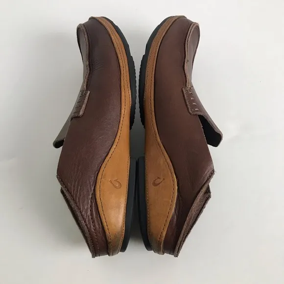 OluKai Ni’o Dark Wood Rum Brown Leather Slip On Drop Heel Loafer Shoes Men Sz 8