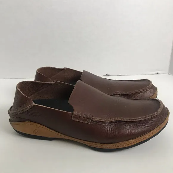 OluKai Ni’o Dark Wood Rum Brown Leather Slip On Drop Heel Loafer Shoes Men Sz 8