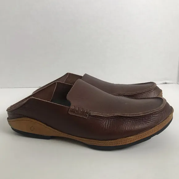 OluKai Ni’o Dark Wood Rum Brown Leather Slip On Drop Heel Loafer Shoes Men Sz 8