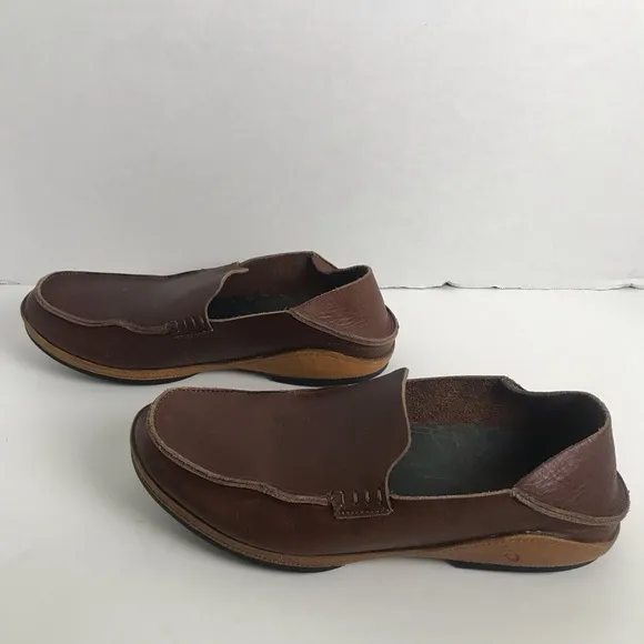OluKai Ni’o Dark Wood Rum Brown Leather Slip On Drop Heel Loafer Shoes Men Sz 8