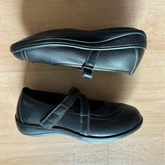 Orthofeet Black Genuine Leather Mary Jane Strap Loafer Ergonomic Walking Shoes