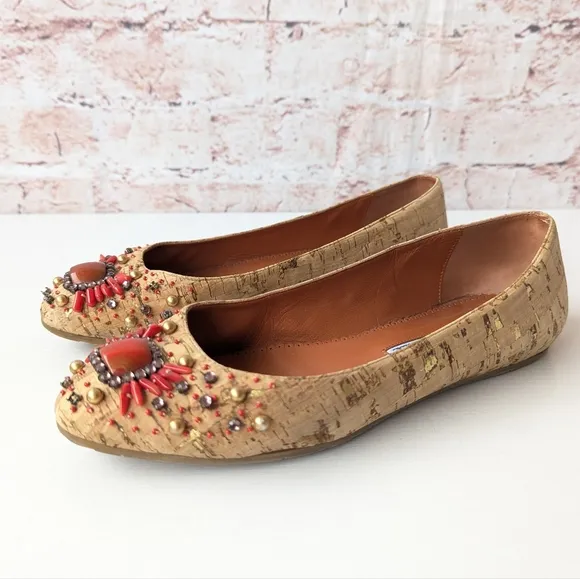 Oscar de la Renta Beige Leather Embellished Women's Flat Shoes