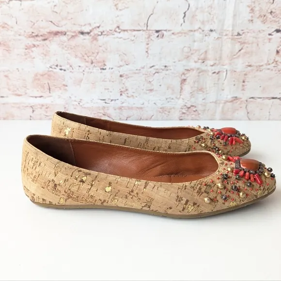 Oscar de la Renta Beige Leather Embellished Women's Flat Shoes