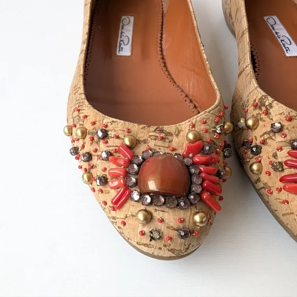 Oscar de la Renta Beige Leather Embellished Women's Flat Shoes