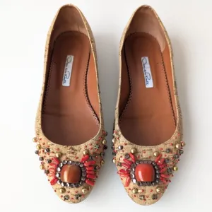 Oscar de la Renta Beige Leather Embellished Women's Flat Shoes