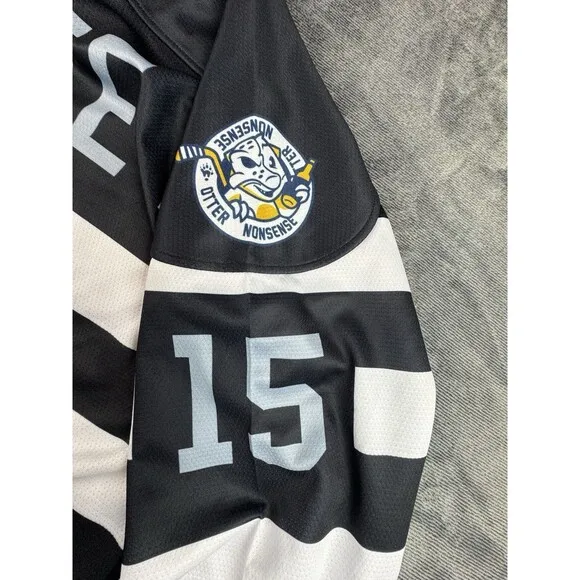 Otter Spit Mens Hockey Jersey Size XL Black White County Jail Inmate Madness