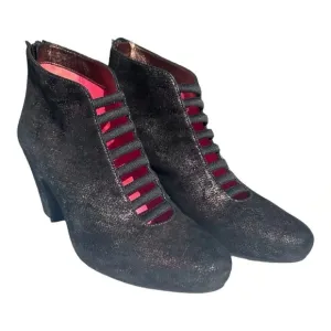 Pas De Rouge Metallic Black Iridescent Black Ankle Bootie Steampunk whimsical