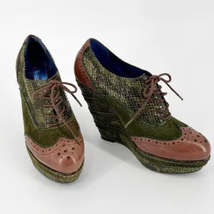 Poetic Licence &quot;Wild Safari&quot; Oxford Saddle Bootie Green &amp; Brown Wedge