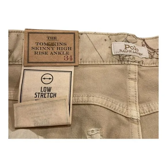 POLO Ralph Lauren The Tompkins Skinny High Rise Ankle Jeans Womens 34x27 Tan Map