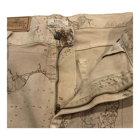 POLO Ralph Lauren The Tompkins Skinny High Rise Ankle Jeans Womens 34x27 Tan Map