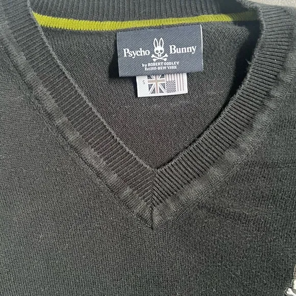 PSYCHO BUNNY BLACK LONG SLEEVE V-NECK SWEATER SIZE SMALL