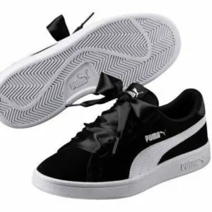 PUMA Smash V2 Ribbon Girls Suede Shoes in Black/White Size 12.5