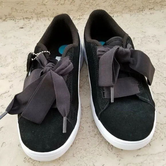 PUMA Smash V2 Ribbon Girls Suede Shoes in Black/White Size 12.5