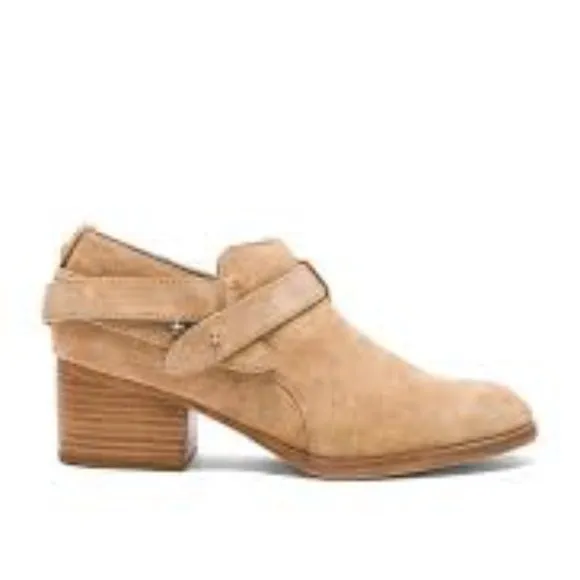 rag &amp; bone Harley Suede Ankle Bootie Moto Stacked Heel Dune Tan Size 7