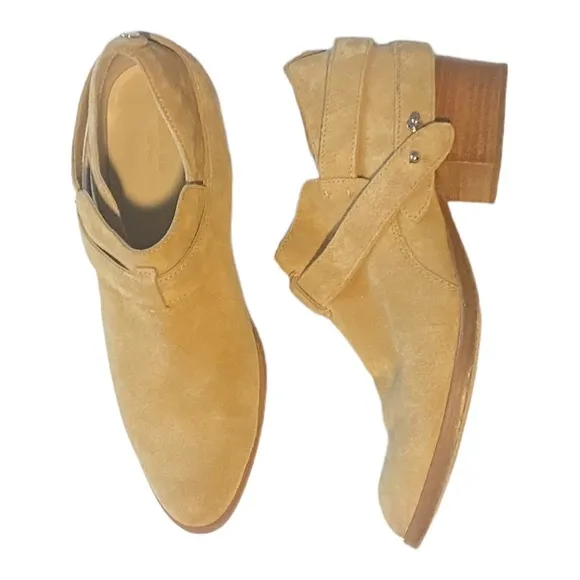 rag &amp; bone Harley Suede Ankle Bootie Moto Stacked Heel Dune Tan Size 7