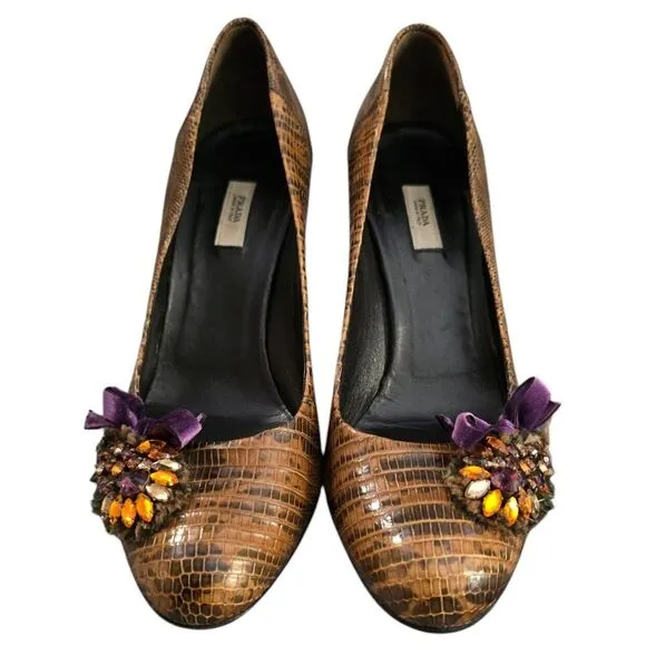 RARE PRADA Bejeweled Snakeskin High Heeled Shoes Velvet Size 37.5 Y2K Vintage‎