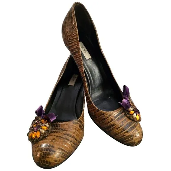 RARE PRADA Bejeweled Snakeskin High Heeled Shoes Velvet Size 37.5 Y2K Vintage‎