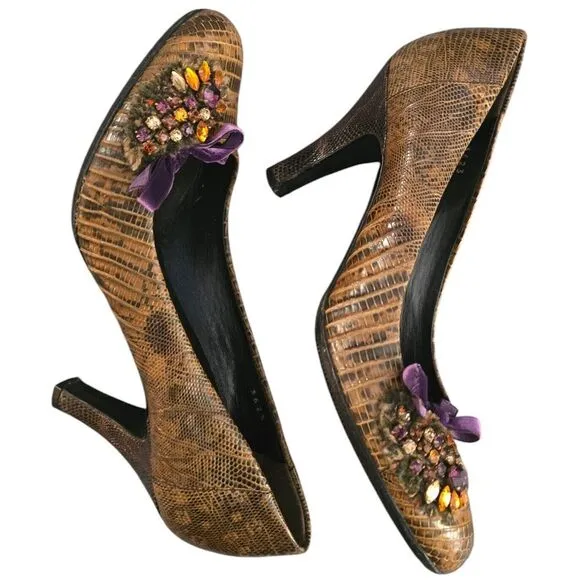 RARE PRADA Bejeweled Snakeskin High Heeled Shoes Velvet Size 37.5 Y2K Vintage‎