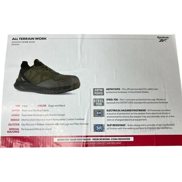 Reebok Men’s Trail Running Steel Toe Sage and Black Work Shoe 13W