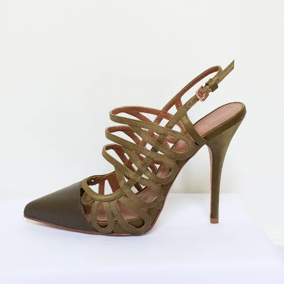Reiss Olive Green Elettra Lattice Slingback Heels Stilettos Pointed Toe Size 39