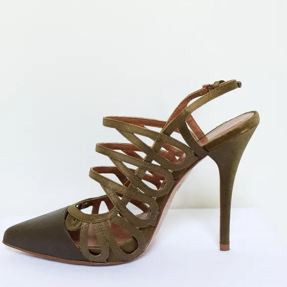 Reiss Olive Green Elettra Lattice Slingback Heels Stilettos Pointed Toe Size 39