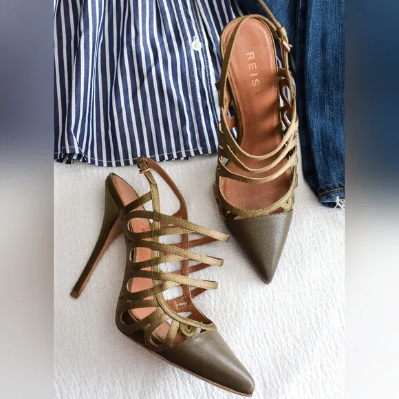 Reiss Olive Green Elettra Lattice Slingback Heels Stilettos Pointed Toe Size 39