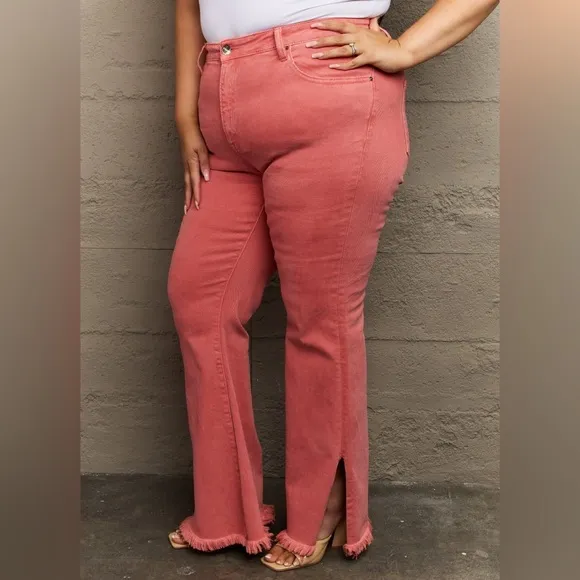 RISEN Bailey Plus Size High Waisted Side Slit Flare Jeans in Coral Pink