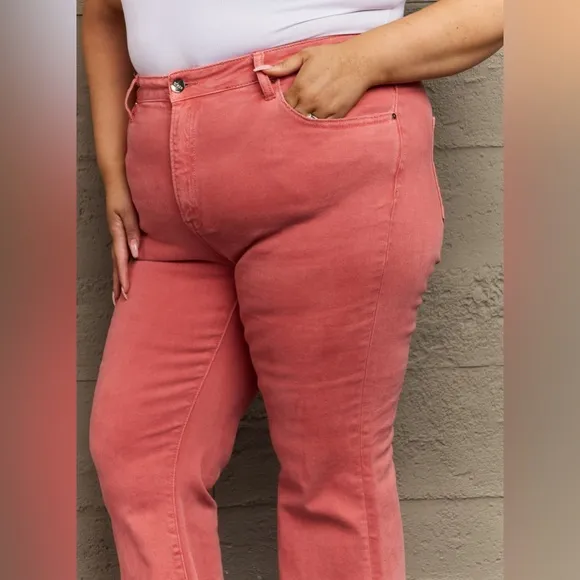 RISEN Bailey Plus Size High Waisted Side Slit Flare Jeans in Coral Pink