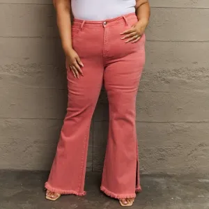 RISEN Bailey Plus Size High Waisted Side Slit Flare Jeans in Coral Pink