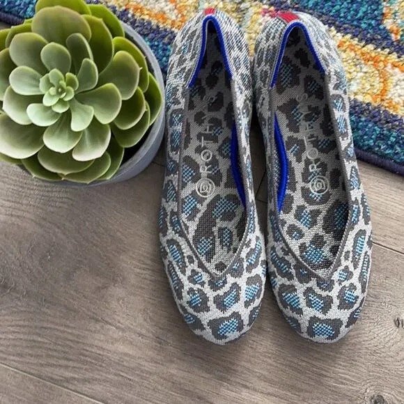 Rothy’s round toe size 6.5 gray blue spotted leopard print woman’s flat s…