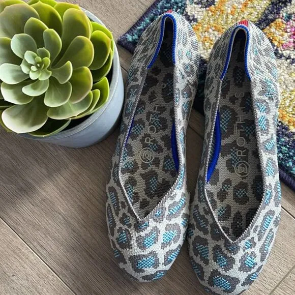 Rothy’s round toe size 6.5 gray blue spotted leopard print woman’s flat s…