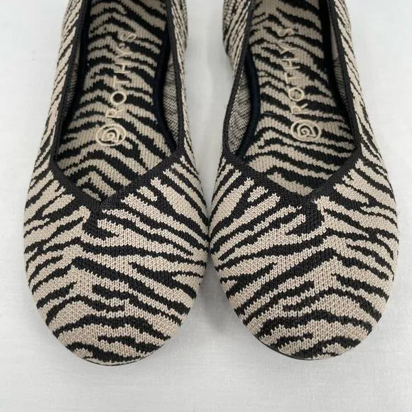 Rothy’s The Flat in Black Zebra Neutral Tapue Tan Printed Sustainable Flats 6.5