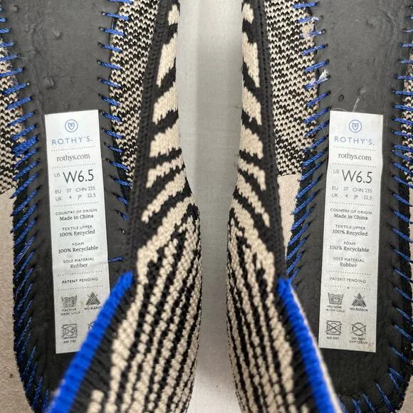 Rothy’s The Flat in Black Zebra Neutral Tapue Tan Printed Sustainable Flats 6.5