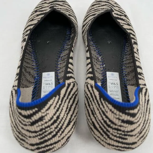 Rothy’s The Flat in Black Zebra Neutral Tapue Tan Printed Sustainable Flats 6.5