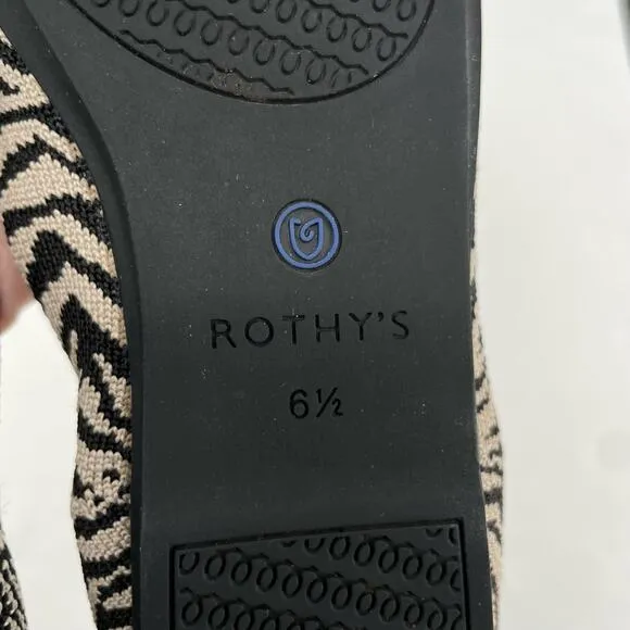 Rothy’s The Flat in Black Zebra Neutral Tapue Tan Printed Sustainable Flats 6.5