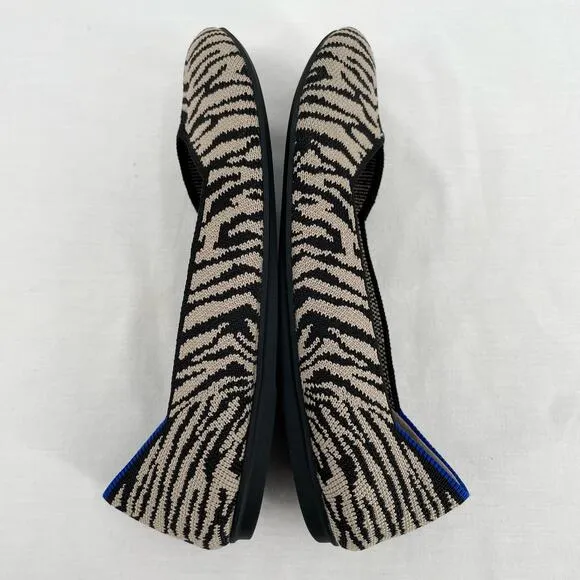 Rothy’s The Flat in Black Zebra Neutral Tapue Tan Printed Sustainable Flats 6.5
