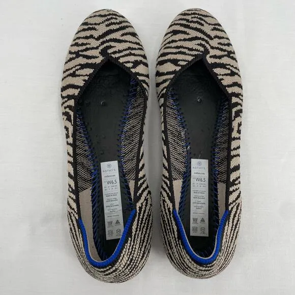 Rothy’s The Flat in Black Zebra Neutral Tapue Tan Printed Sustainable Flats 6.5