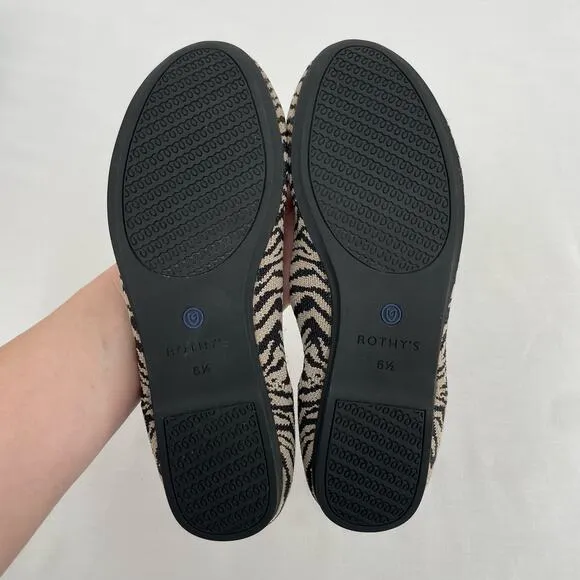 Rothy’s The Flat in Black Zebra Neutral Tapue Tan Printed Sustainable Flats 6.5