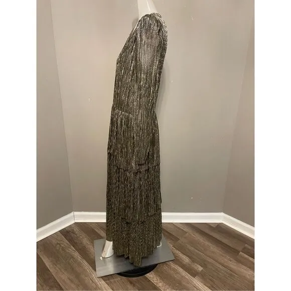 Sabina Musayev Carry Tiered V-Neck Metallic Dress Gold Size XS $470