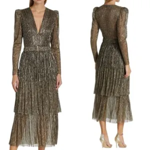 Sabina Musayev Carry Tiered V-Neck Metallic Dress Gold Size XS $470