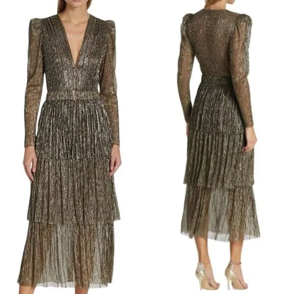Sabina Musayev Carry Tiered V-Neck Metallic Dress Gold Size XS $470
