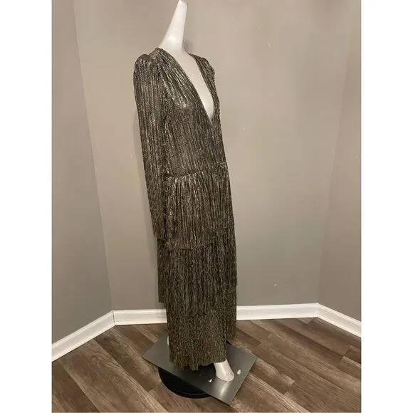 Sabina Musayev Carry Tiered V-Neck Metallic Dress Gold Size XS $470