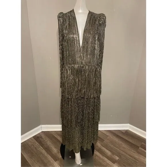 Sabina Musayev Carry Tiered V-Neck Metallic Dress Gold Size XS $470