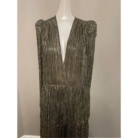 Sabina Musayev Carry Tiered V-Neck Metallic Dress Gold Size XS $470