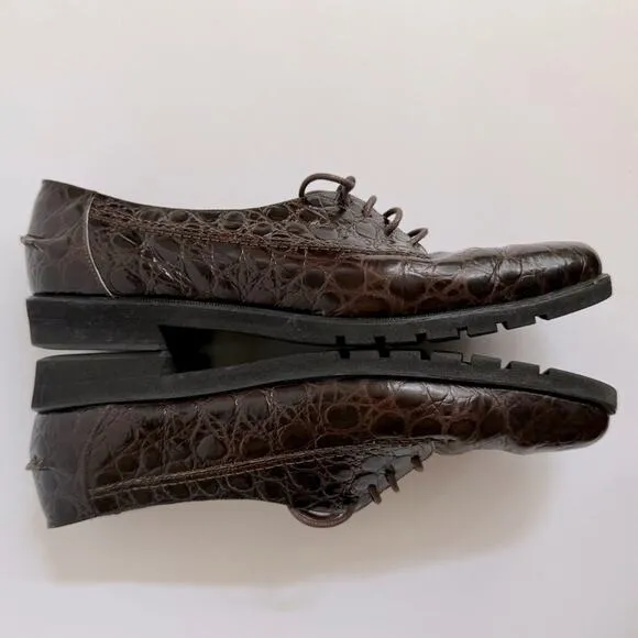 Salvatore Ferragamo Embossed Leather Oxford Shoes Lace-Up Brown Black Size 7B