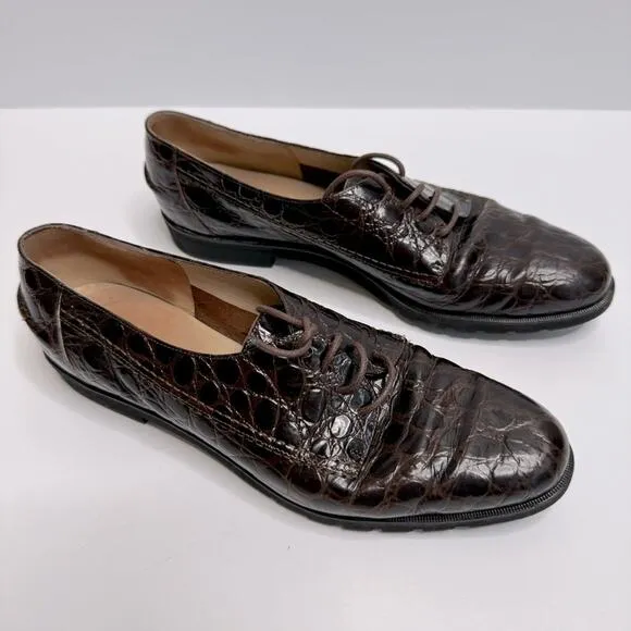 Salvatore Ferragamo Embossed Leather Oxford Shoes Lace-Up Brown Black Size 7B