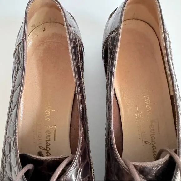 Salvatore Ferragamo Embossed Leather Oxford Shoes Lace-Up Brown Black Size 7B