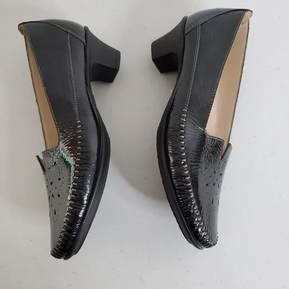 SAS Sonyo Black Slip-on Heels Size 8W Premium Leather Shoes with Cutouts Glossy